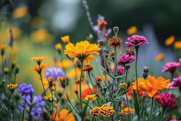 There are many different types of colorful flowers in the field in summer day