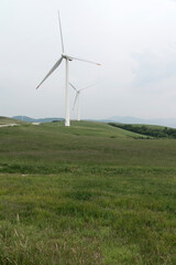 View of the wind turbines on the mountain