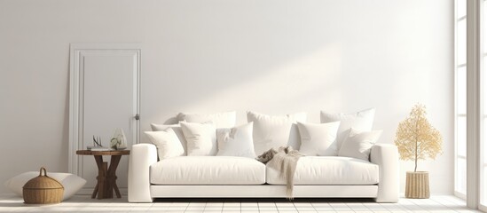 Fototapeta na wymiar White sofa in a minimalistic Scandinavian themed room