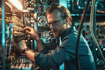 Quantum computing engineer calibrating qubits in a sophisticated laboratory, fine-tuning quantum algorithms for unprecedented computational power. - obrazy, fototapety, plakaty
