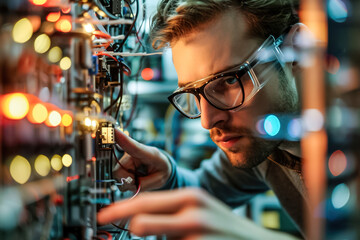 Quantum computing engineer calibrating qubits in a sophisticated laboratory, fine-tuning quantum algorithms for unprecedented computational power.