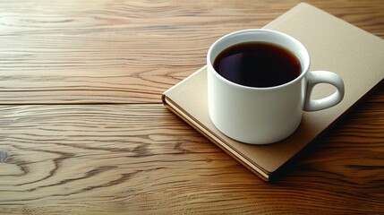 a cup of coffee sitting on top of a book on top of a wooden table next to a cup of coffee.