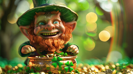 A cheerful leprechaun figurine guards his pot of gold among clovers. - obrazy, fototapety, plakaty