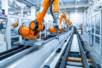 Robotic arms in action. Production workshop factory. Conveyor at modern manufacturing plant. AI Generated 