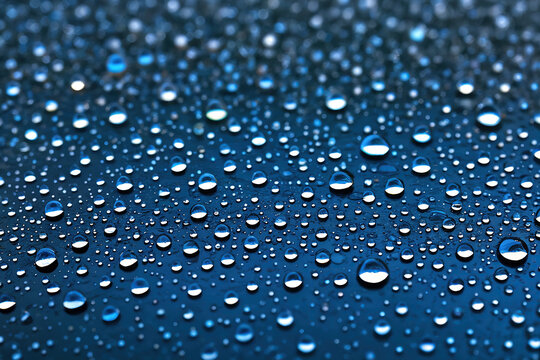 Detalles de gotas de lluvia sobre una superficie azul con desenfoque selectivo.