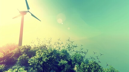 a group of birds flying around a wind turbine next to a lush green forest on a sunny day with the sun shining on the tops of the windmills.