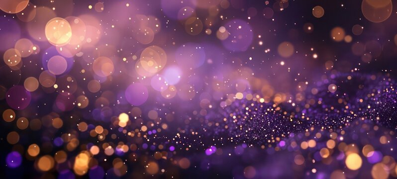 Festive purple and golden luminous background with golden colorful lights bokeh. Christmas concept Xmas greeting card. Magic holiday poster, banner. Night bright gold sparkles Light abstract