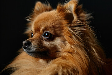 A poised Pomeranian dog with a lush golden coat.