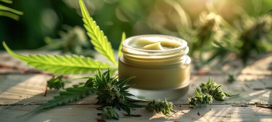 Obraz na płótnie Canvas Moisturizing cream in jar with hemp leaves on wooden background. Cosmetic cream for skin care from hemp. Natural cosmetics