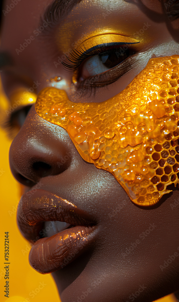 Poster Beauty shot of a beautiful black woman on a yellow background and honeycomb with honey serum on face. Cosmetic and commercial concept pointing to healthy skin care.