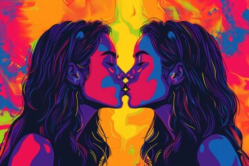 A vibrant pop art-style illustration of two women kissing against a bright, colorful background