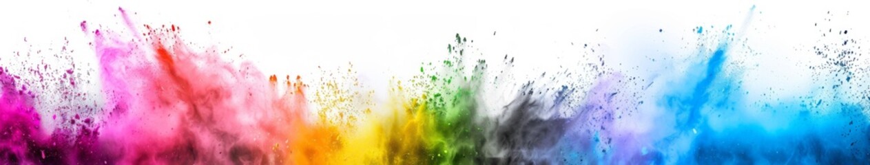 Colored powder explosion, abstract dust on white background. Banner 16:3 for bright Indian colorful festival Holi. Concept happy holiday of color, paint, splash paint colors vivid explode for party.