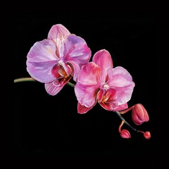 Watercolor, Pink Orchid Flower isolated on black background