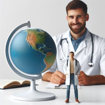 Happy national doctors day concept doctor with planet earth isolated on a white background 