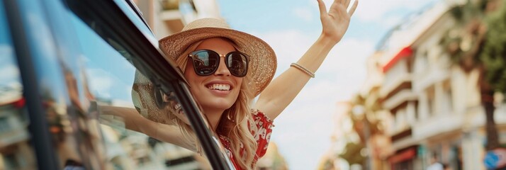 Fototapeta premium A European woman in a stylish ensemble waves cheerfully from a car window, embodying freedom and joy