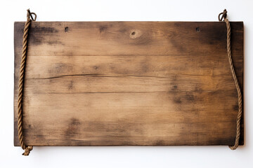 Obraz premium photo of a wooden plank hanging on ropes on a white background сreated with Generative Ai