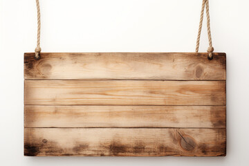 photo of a wooden plank hanging on ropes on a white background сreated with Generative Ai