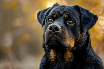 Obraz premium Portrait of a Black Rottweiler Dog with Warm Autumn Backdrop