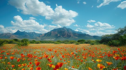 a field of orange flowers with a mountain in the background with clouds in a blue sky with wispy wispy wispy wispy wispy wispy wispy wispy wispy clouds.