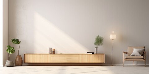 Fototapeta premium Minimalist interior living area with open space for product display or promotional text.
