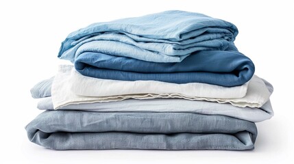 Stack of clean bed sheets isolated on white background.