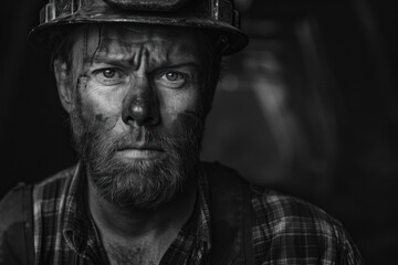 Black and white portrait of an oil rig worker looking at camera.