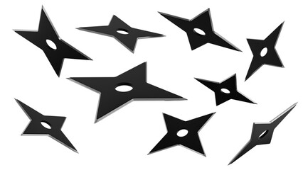 Black ninja throwing stars or shurikens isolated on transparent and white background. Ninja concept. 3D render © Artem