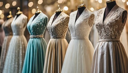 Many colorful elegant formal dresses for sale in luxury modern shop boutique. Prom gown, wedding, evening, bridesmaid dresses dress details. Dress rental for various occasions and events - obrazy, fototapety, plakaty