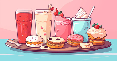 Junk food tasty doodle illustration set. Colorful sketch hamburger soda ice cream fat and sweet isolated graphic. Hot coffee to go unhealthy snacks disease risk sweet drinks and snacks