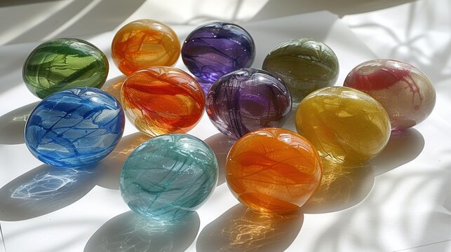 a group of colorful glass balls sitting on top of a white table next to a shadow of a person's hand.