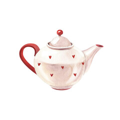 Porcelain ceramic white teapot for tea with red hearts. Watercolor hand-drawn illustration isolated on white background. Perfect for recipe lists with drinks, brochures for cafe. Side view