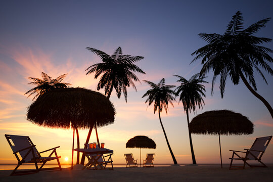 Majestic Oceanfront View at Dusk: Palm Trees Fringing Sunset-Hued Beach