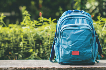 A blue backpack sits on a bench, ready for a day of exploration amid the greenery.