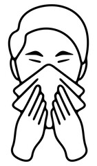 Sick man blowing her nose or sneezing into handkerchief. Disease, illness, sickness, virus and treatment, illustration