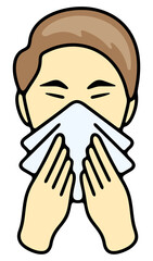 Sick man blowing her nose or sneezing into handkerchief. Disease, illness, sickness, virus and treatment, illustration