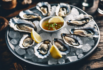 Plate of open oysters on ice with vinegar souce and lemon Top view