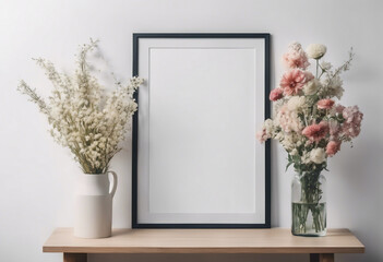 Vertical black poster frame on table with two vases with different flowers