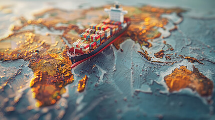 Container ship model on world map , transcontinental transportation or globalization concept image with copy space