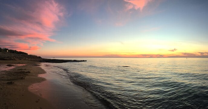 Sunset over the Kotsia Beach on the Mediterranean Sea, L&eacute;mpa, Paphos, Cyprus, October 2018