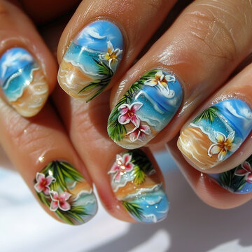 Fingernails painted with summer summer theme and colors.