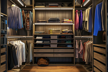 A well-organized walk-in closet displays a variety of clothing with warm, inviting lighting