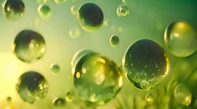 Slow motion of the abstract air bubbles on sunny yellow green sunny nature bokeh background
