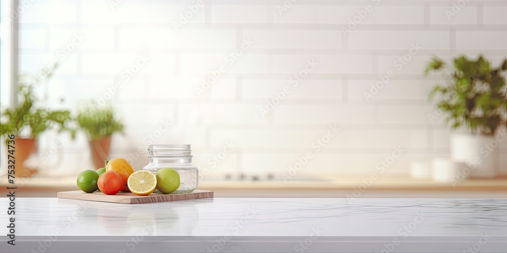 Sticker Blurred white modern kitchen background with empty corner countertop or table.