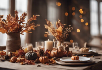Rustic mockup with autumn table decoration Floral interior decor for fall holidays dry flowers in vases on table and small pumpkins