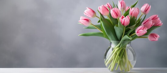Bouquet of pink tulips in glass vase on table with gray background ideal for Easter Women s Day birthday or as a gift for a woman Spring and festive flower arrangement from a florist