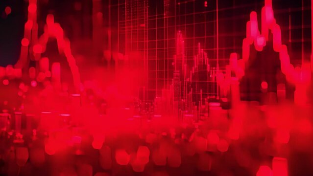 Red chart background effect. Candles of the stock market, price falls. Falling prices of securities. Loss of assets in equities stock. Decreasing trend showing unsuccessful performance and losses fail