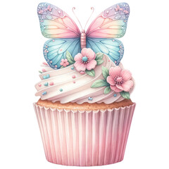 Pastel Butterfly wing with floral cupcake watercolor, Sweet dessert, Festive decoration, Isolated on transparent background. Generative AI