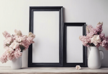 Two frames mockup front view with decor elements flowers and blank copy space on the white wall