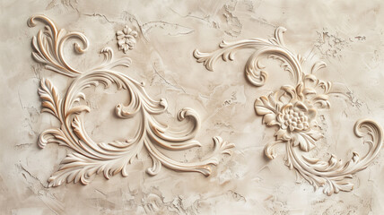 Closeup texture fragment shot of pano made from decorative golden plaster, putty with decorative lace and ornate patterns, irregularities and roughness. High quality illustration