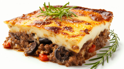 a Mediterranean Cuisine, Moussaka, with isolated on white background